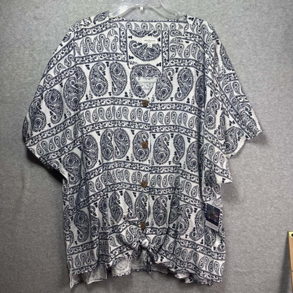 NWT Westbound Woman's Size 3X Top Boho Beach Resort Paisley Blue White Button